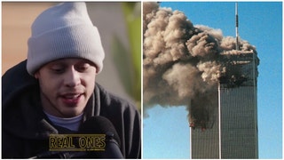 Comedian Pete Davidson learned his dad died on 9/11 from watching TV. His dad was a hero. (Credit: Screenshot/YouTube video https://youtu.be/FbnFM7_JGkc and Getty Images)
