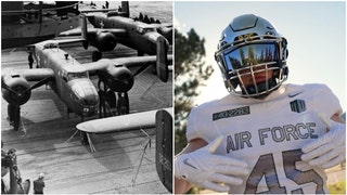 Air Force will wear awesome uniforms honoring the Doolittle Raid Saturday against Navy. (Credit: Screenshot/Twitter Video https://twitter.com/AF_Football/status/1714706279107883473 and Getty Images)