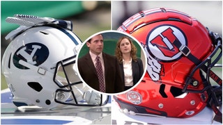 BYU welcomes Utah to the Big 12 with clip from "The Office." (Credit: Getty Images and Twitter video screenshot/https://twitter.com/BYUCougars/status/1687640389841469440)