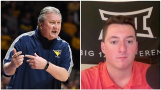 Podcaster fired for airing uncensored audio of Bob Huggins' comments. (Credit: Getty Images and Twitter Video screenshot/https://twitter.com/JoshNeighbors_/status/1656455878508249088)