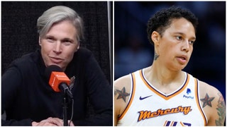 Phoenix Mercury coach Vanessa Nygaard complains more people didn't show up to Brittney Griner's first game back. (Credit: Screenshot/Twitter video https://twitter.com/Sportsville_/status/1659861711782912004 and Getty Images)