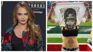 Actress Cara Delevingne wears pro-Rihanna shirt to the Super Bowl. (Credit: Getty Images and Instagram)
