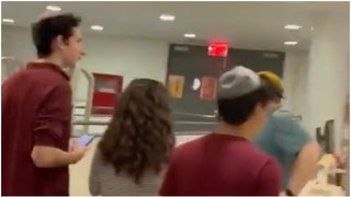 A group of Jewish students at Cooper Union had to barricade and hide in a library as a pro-Palestine crowd roared towards them. (Credit: Screenshot/Twitter Video https://twitter.com/stopantisemites/status/1717300476524322969)