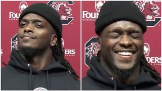 South Carolina receiver Dakereon Joyner loses it with laughter after asked poorly worded question about being a running back. (Credit: Screenshot/Twitter Video https://twitter.com/collyntaylor/status/1637894610868490244)