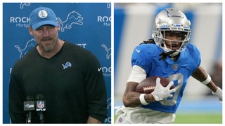 Detroit Lions head coach Dan Campbell compares Jameson Williams to a candy bar. (Credit: Getty Images and Twitter Video Screenshot/https://twitter.com/Lions/status/1609665342372208640)