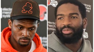Browns QB Jacoby Brissett it's easy not being like Deshaun Watson. (Credit: Screenshot/Twitter Video https://twitter.com/H_Grove/status/1562474854011400194 and Getty Images)