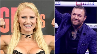 Ebanie Bridges wore a revealing outfit at the Anthony Joshua/Robert Helenius boxing match. She rolled in with Conor McGregor. (Credit: Getty Images)