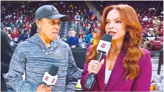 ESPN's Elle Duncan had absolutely no idea women's basketball teams don't just practice against themselves. They practice against men. (Credit: Screenshot/Twitter Video https://twitter.com/BCrawford247/status/1719487953611685946)