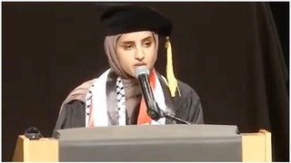 Fatima Mousa Mohammed gives insane CUNY Law commencement speech. (Credit: Screenshot/Twitter Video https://twitter.com/SAFECUNY/status/1662626491023208454 and Fox News Digital)
