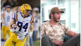Foster Moreau talks about fighting at LSU. (Credit: Bob Levey/Getty Images and screenshot/YouTube Video https://www.youtube.com/watch?v=JDe8Z6_X0tI)