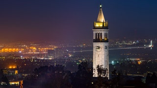UC Berkeley Campanile Clock Tower and Bay Bridge at Dusk, Berkeley, California, USA