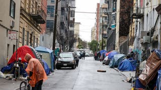 Homelessness in San Francisco during rainstorm
