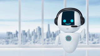 58f9ba29-Welcome robot on company office or hotel is chatting with customers by acting as a call center by phone with metropolis city background. Innovative technology and service concept. 3D illustration rendering
