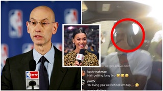 Malika Andrews ripped for asking Adam Silver about Ja Morant. (Credit: Screenshot/Twitter Video https://twitter.com/shannonsharpeee/status/1657721374075670528 and Getty Images)