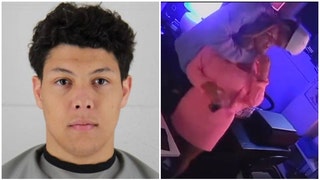 Jackson Mahomes accused of grabbing woman by the throat during alleged sexual battery battery incident. (Credit: Johnson County (KS) Jail and Twitter video screenshot/https://twitter.com/jasrifootball/status/1632078048164978694)