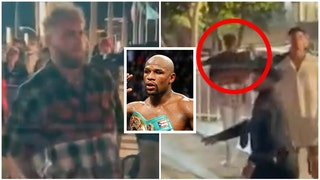 Social media star Jake Paul runs away from boxing star Floyd Mayweather. (Credit: Getty Images and TMZ Video)
