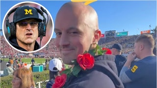 Connor Stalions attends Rose Bowl game between Michigan and Alabama. (Credit: Screenshot/Instagram Video and Getty Images)