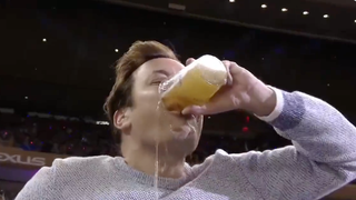 Jimmy Fallon Fires Up Rangers Crowd: Slams Beer, Hotdog
