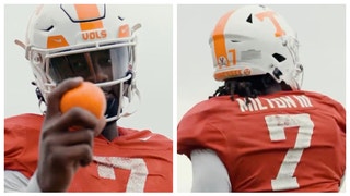 Tennessee quarterback Joe Milton throws an orange at least 100 yards. (Credit: Screenshot/Twitter Video https://twitter.com/Vol_Football/status/1606040740336902173)
