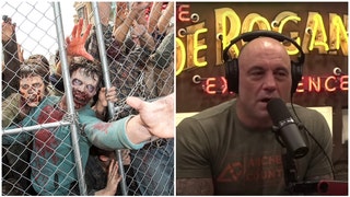 Podcaster Joe Rogan reveals plan for the zombie apocalypse. He thinks humans would win. (Credit: Screenshot/YouTube Video https://youtu.be/ixAJlJQu8qY and Getty Images)