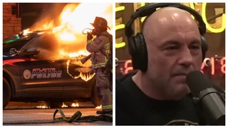 Podcaster Joe Rogan sounds off on the media's coverage of riots in America. (Credit: Getty Images and YouTube Screenshot/https://www.youtube.com/watch?v=RWvOlXzpGtY)