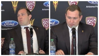 Arizona State coach Kenny Dillingham fights back tears during introductory press conference. (Credit: Screenshot/Twitter Video https://twitter.com/KingTutSports/status/1596931709022314496)