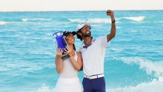 Korn Ferry golfer Akshay Bhatia and girlfriend Presleigh Schultz celebrate victory