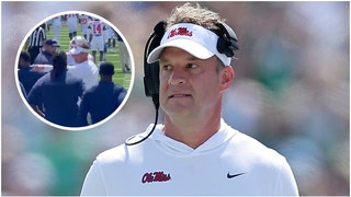 Lane Kiffin gets in heated exchange with Tulane players prior to big win. (Credit: Getty Images and Twitter Video Screenshot/https://twitter.com/BradLoganCOTE/status/1700585333044158471)