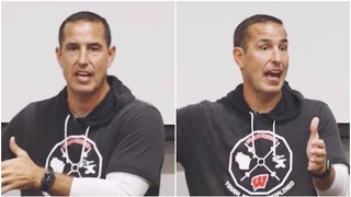 Luke Fickell is doing his best to move past Wisconsin's humiliating loss to Washington State. He shared a powerful message. Watch his speech. (Credit: Twitter Video screenshot/https://twitter.com/badgerfootball/status/1702039056891146429)