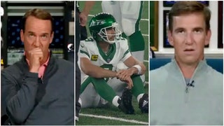 Eli and Peyton Manning seemed stunned and in a state of disbelief after Jets QB Aaron Rodgers was injured. Watch their reactions. (Credit: Screenshot/Twitter Video https://x.com/espn/status/1701393836503666988)