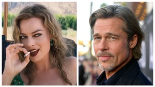 Actress Margot Robbie went off the script to kiss Brad Pitt in "Babylon." (Credit: Screenshot/YouTube Video https://youtu.be/S0EREbsdy-U and Getty Images)