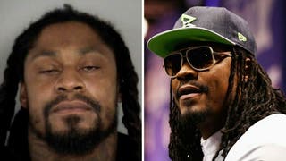 Former NFL player Marshawn Lynch allegedly damaged car prior to DUI arrest. (Credit: Las Vegas Police Department and Getty Images)