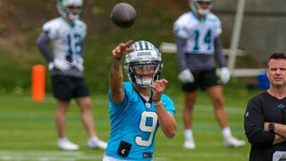 CHARLOTTE, NC - MAY 13: Carolina Panthers Quarterback Matt Corral (9) throws the ball during day one of the Rookie Mini Camp on May 13, 2022 at the Carolina Panthers Practice Facility in Charlotte, NC. (Photo by David Jensen/Icon Sportswire via Getty Images)