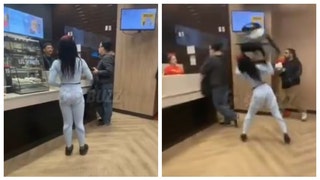 McDonald's Customer Smashes A High Chair On A Man