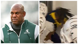 Seven Michigan State football players charged for alleged roles in Michigan tunnel beatdown. (Credit: Screenshot/Twitter Video https://twitter.com/mattcharboneau/status/1586555477319614464 and Getty Images)