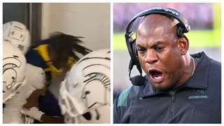 Lawyer claims Michigan player started tunnel beatdown against Michigan State. Multiple MSU players are suspended. (Credit: Screenshot/Twitter Video https://twitter.com/mattcharboneau/status/1586555477319614464 and Getty Images)