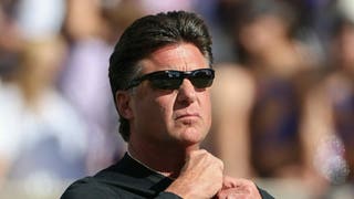 Oklahoma State Cowboys head football coach Mike Gundy tells fans to relax as the team falls to 6-3. (Photo by Scott Winters/Icon Sportswire via Getty Images)