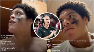 Florida State player streams Mike Norvell's locker room speech after beating LSU. (Credit: Twitter video screenshot/https://twitter.com/LogansTwitty/status/1698539138452975853 and Getty Images)