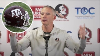 Mike Norvell certainly sounds like he doesn't have any interest in taking the Texas A&M job. He responded to speculation Monday. (Credit: Getty Images and Screenshot/YouTube Video https://www.youtube.com/watch?v=pQhF8DoOeLU)