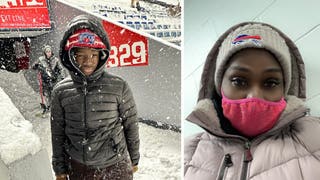 Mother son Bills snow shovelers