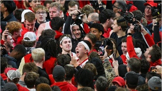The Nebraska Cornhuskers put on a court storming clinic Tuesday night against Purdue. Cornhuskers fans stormed after the upset win. (Credit: Getty Images)