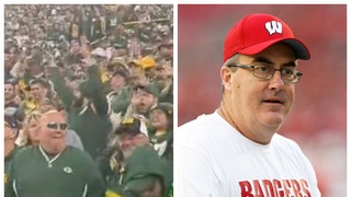Packers fans do "Jump Around" Sunday at the same time Wisconsin fires football coach Paul Chryst. (Credit: Screenshot/Twitter video https://twitter.com/scottgrodsky/status/1576712808448004098 and Getty Images)
