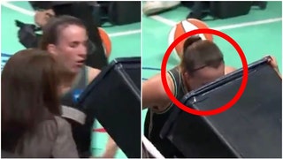New York Liberty star Sabrina Ionescu threw up on the TV broadcast during the WNBA Finals against the Las Vegas Aces. (Credit: Screenshot/Twitter Video https://twitter.com/barstoolsports/status/1714824898613301335)