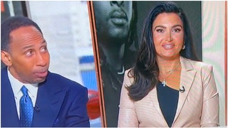 Stephen A. Smith had a bit of an awkward moment on "First Take" when Molly Qerim's cell phone started vibrating. Watch the video. (Credit: Screenshot/Twitter Video https://x.com/TheNBACentel/status/1715103263412859297)