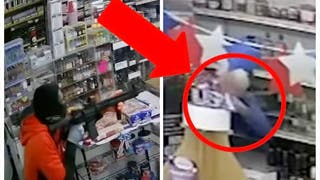 Robber gets blasted by store owner in California. (Credit: Screenshot/YouTube https://www.youtube.com/watch?v=CEqly0eHxeY)