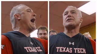 Texas Tech football coach Joey McGuire reacts to upsetting Texas. (Credit: Screenshot/Twitter Video https://twitter.com/TexasTechFB/status/1573833908843577348)
