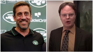 Aaron Rodgers' favorite show is "The Office." (Credit: Getty Images and YouTube Video https://www.youtube.com/watch?v=gO8N3L_aERg)
