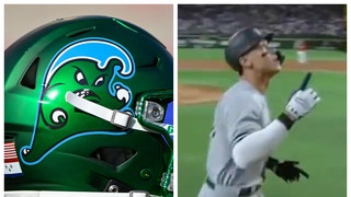 Tulane trolls Aaron Judge broadcast cut-ins with uniform reveal. (Credit: Screenshot/Twitter Video https://twitter.com/greenwavefb/status/1577709368468033543 and Getty Images)