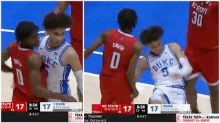 Duke star guard Tyrese Proctor draws technical foul on Terquavion Smith. (Credit: Screenshot/Twitter Video https://twitter.com/WillRaftery22/status/1630727328618758144)