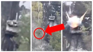 Ukrainian paratrooper destroys Russian tank in wild viral video. (Credit: Screenshot/Twitter Video https://twitter.com/UAWeapons/status/1588434914256781313)
